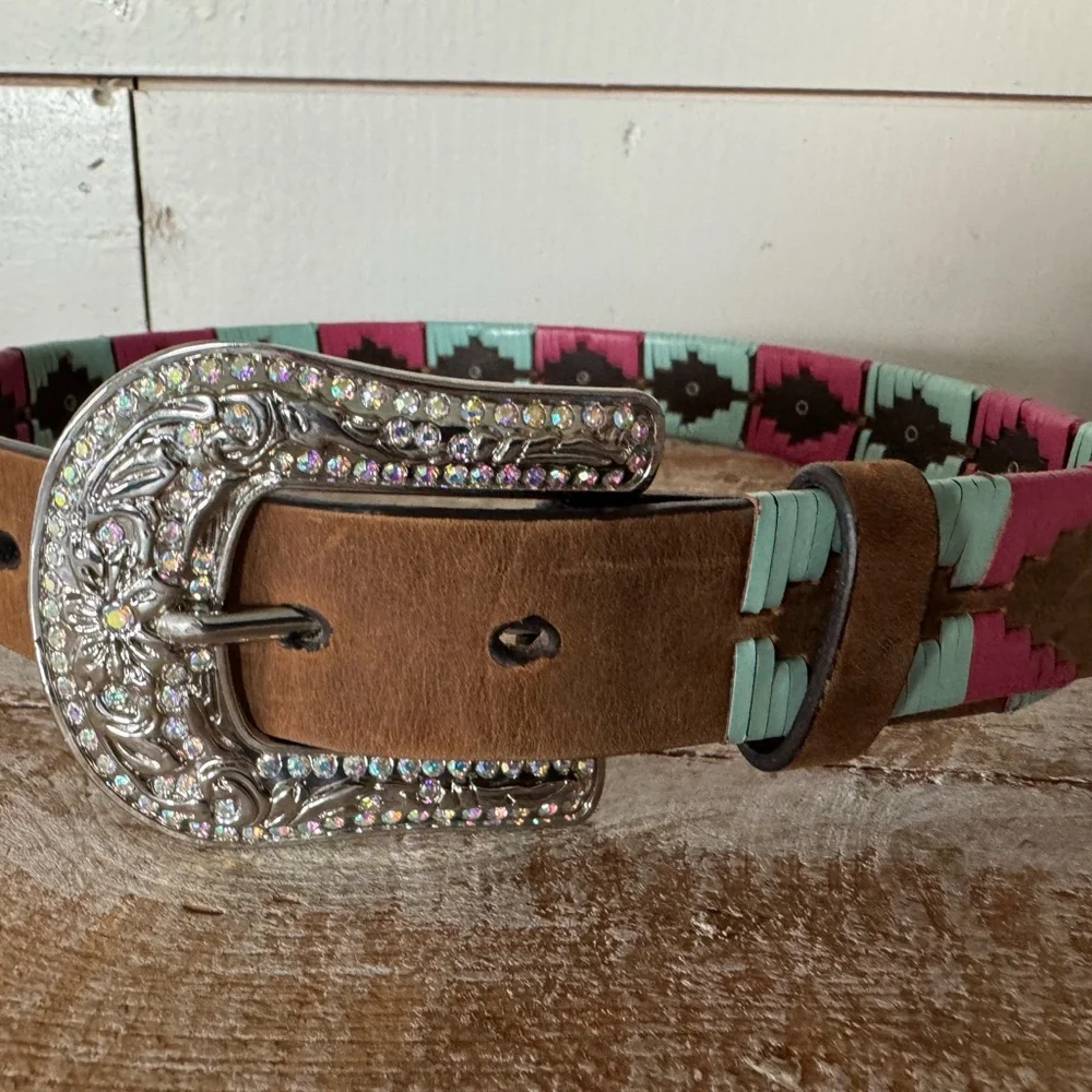 Girls 26 M&F Western Rhinestone Buckle Leather Belt Pink Aqua